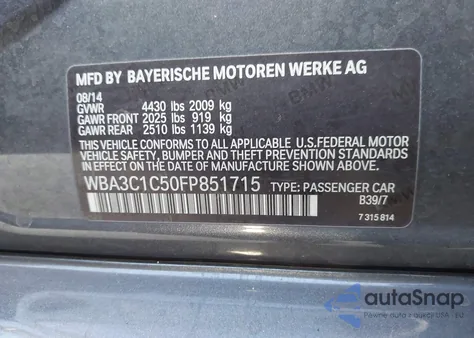 2015 BMW 328I from USA, damaged, VIN WBA3C1C50FP851715